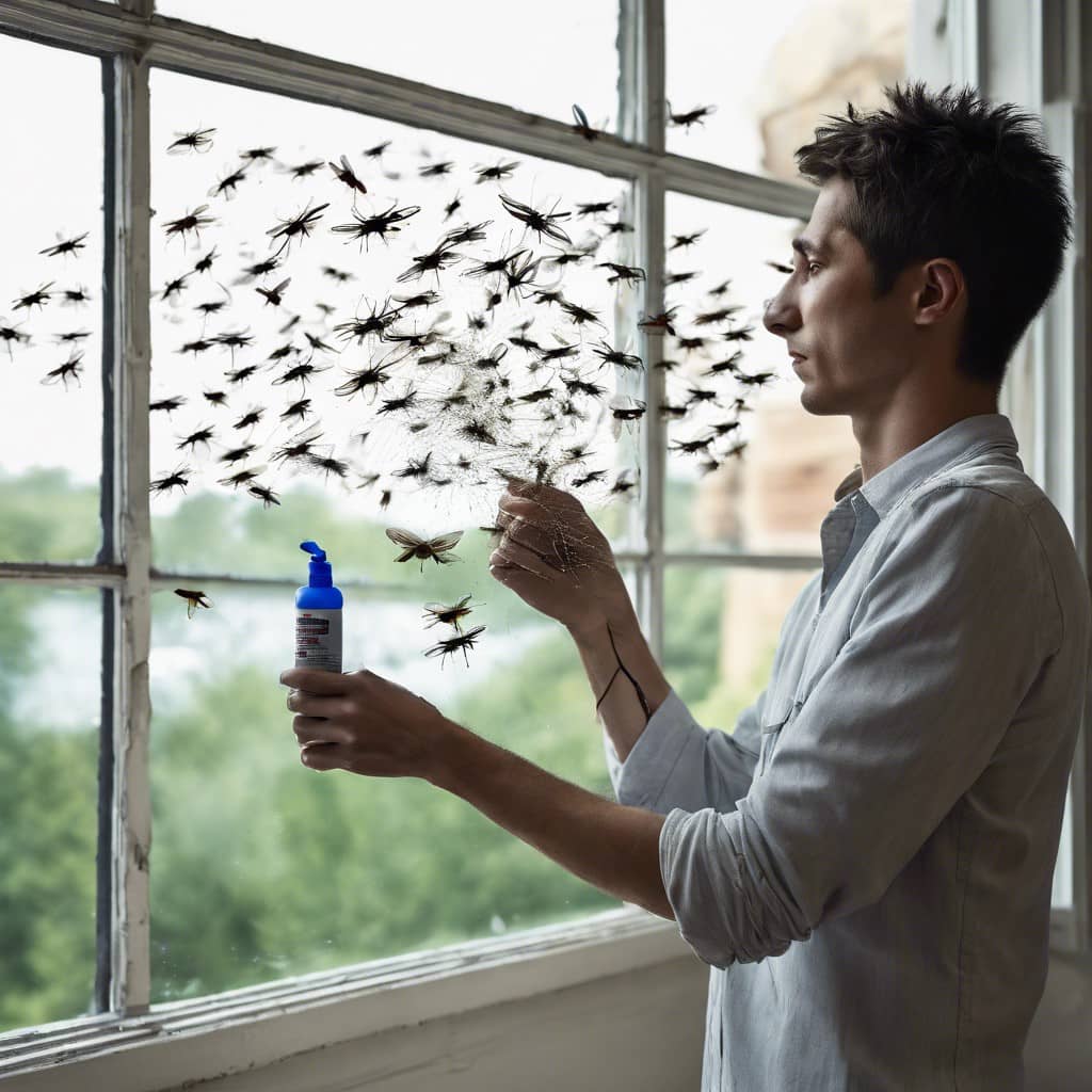 Man spraying crane flies at a window
